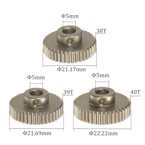 Kozelo 3 Stück 48DP Ritzel Motorzahnradsatz - [5mm Bohrung x 38T 39T 40T gehärtete Stahlzähne] Motorzahnräder für RC Autos Trucks Buggies, mit Sechskantschlüssel