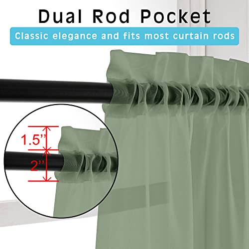 Image of OVZME Sage Green Sheer Curtains 36 inches Long, Short Kitchen Window Treatment Solid Sheers Cafe Curtains Bathroom Voile Half Window Panels, Rod Pocket, 42 inch Wx36 L