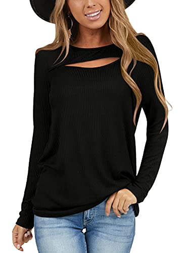 Womens Solid Color Tunic Shirt Long Sleeve Keyhole Chest Cut Out Sexy Tops Black S