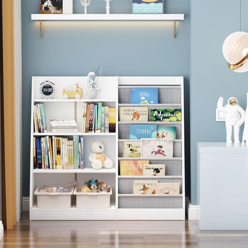 White-Kids-Bookshelf-Wood-Toy-Storage-Organizer-Cabinet-Children-Bookcase-Toddler-Baby-Sling-Book-Rack-Adjustable-Shelf-for-Playroom-Bedroom-Nursery-Hallway-School-Kindergarten White Kids Bookshelf Wood Toy Storage Organizer Cabinet Children Bookcase Toddler Baby Sling Book Rack Adjustable Shelf for Playroom Bedroom Nursery Hallway School Kindergarten