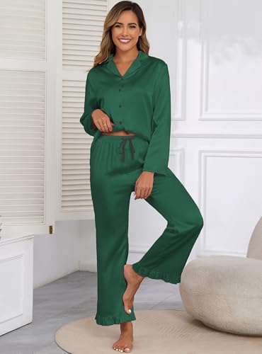 Image of Veseacky Women Satin Pajamas Set 2 Piece Button Down Short Sleeve Soft Sleepwear with Pockets