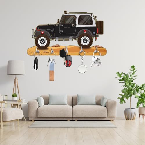 Image of Webelkart Premium HD UV Printed Mahindra Thar Car Shape Designer Wooden Key Holder Home and Office Decor (11 X 6 Inch, Wood) (Black)