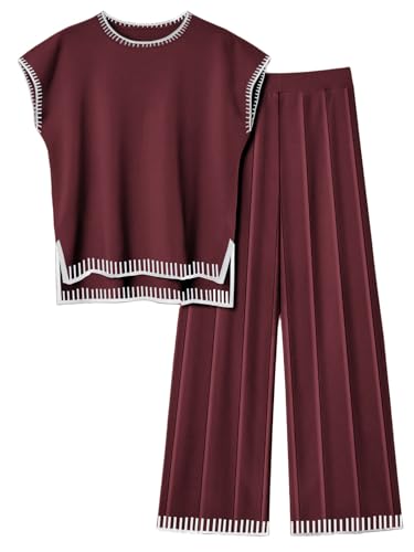 Image of Ekouaer Womens Matching Sets Knit Sweater Sets 2 Pieces Lounge Set | Pullover Tops Wide Legs Pants Casual Outfits