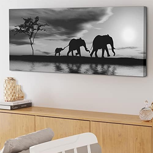 Wallfillers Black White African Sunset Elephants Canvas Wall Art Print - 1363 - 120x50cm