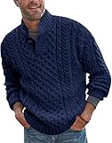 Bbalizko Mens Stand Collar Pullover Sweater Cable Knitted Chunky Winter Fashion Buttons Twisted Thermal Sweaters Navy