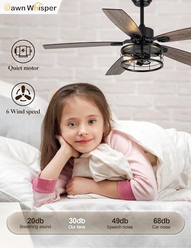 Image of Dawn Whisper 52 Inch Farmhouse Ceiling Fans with Lights and Remote Quiet and Reversible DC Motor Black Industrial Rustic Caged Ceiling Fan for Bedroom Living Room Covered Patio