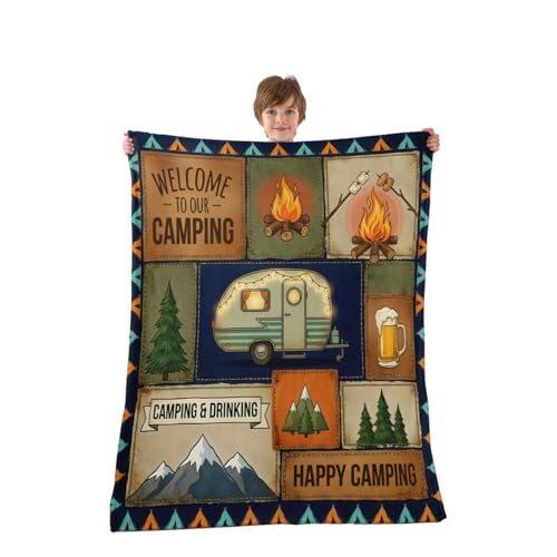 Loussiesd Happy Camping Coperta in flanella felpata pelosa da campeggio coperta in pile per ragazzi ragazze camper campeggio peluche leggera divano coperta bambino 76 x 101 cm per letto divano sedia