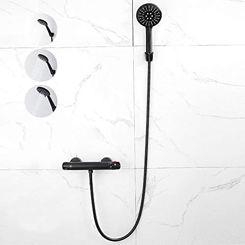 Thermostat Dusche Mischbatterie Aufputz Schwarz Matt mit Handbrause, Brausethermostat Duschthermostat Armatur mit 38 °C Sicherheitstaste und G 1/2 Auslauf Anschluss Cover