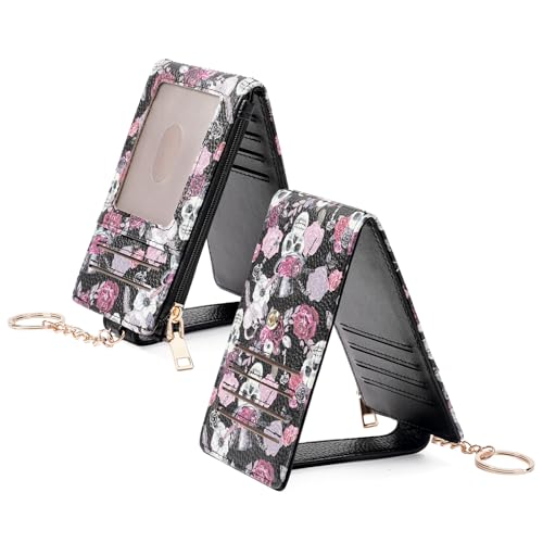 Image of GOIACII RFID Slim Card Holder Wallet with ID Window Thin Bifold Wallet for Womens Zipper Coin Pocket Goth Skull & ROSE