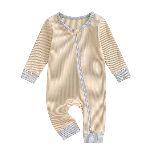 Image of Newborn Coming Home Outfit Boy Girl Ribbed Romper Long Sleeve Zipper Onesie Jumpsuit Fall Winter Clothes (Ribbed Beige,0-3 Months)