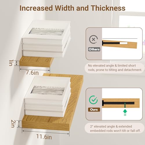 Image of 24 Inch Floating Shelves, 12 Inch Deep Floating Shelves for Wall, Extra Deeper & Thicker Wooden Wall Shelf with Invisible Brackets, Shelf for Bedroom Living Room Home Decor(Oak, Set of 2)