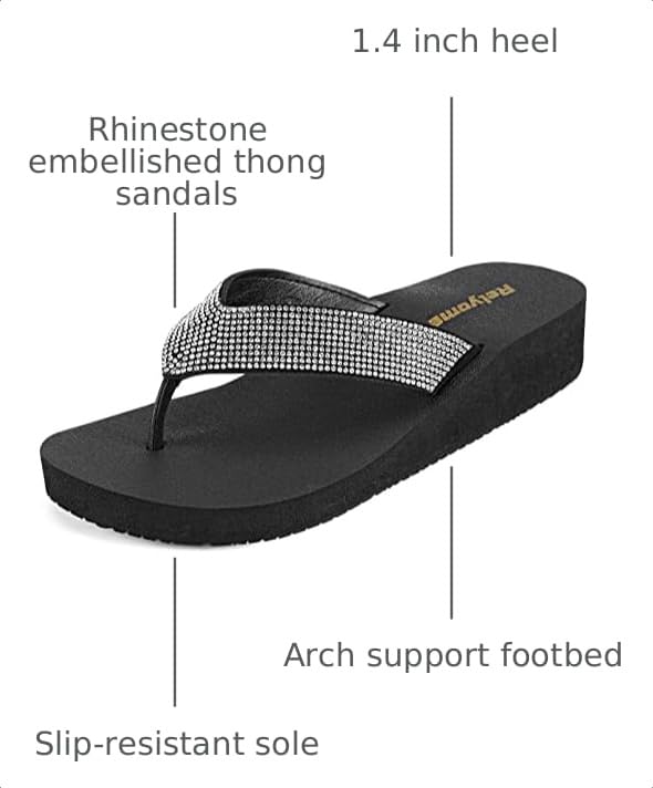 Image of Womens Rhinestones Flip Flops Arch Support Mid Platform Bling Comfortable Flip-flops Jewel Dressy Thong Sandals,T-Strap Black US 9