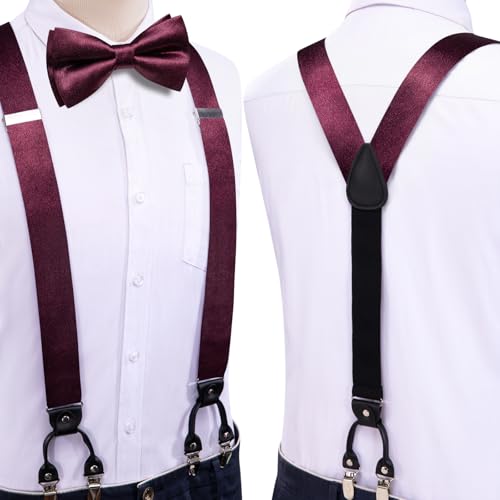 Image of Dubulle Suspender and Bow Tie for Men Paisley Solid Mens Suit Braces Pretied Bowtie and Handkerchief Cufflinks Formal Wedding