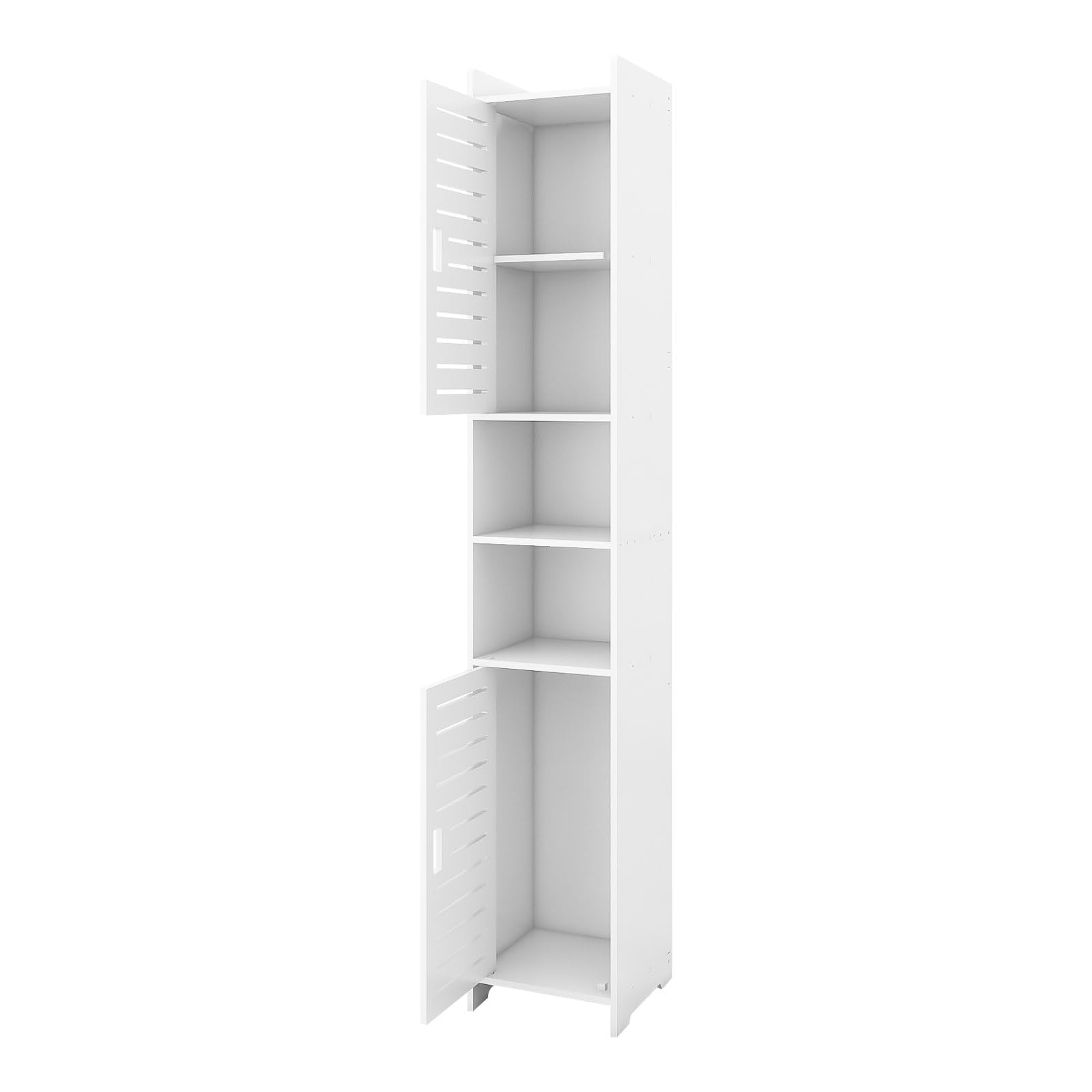 XUANYU Tall Bathroom Storage Cabinet, White, Slim Floor Standing Unit with 2 Doors, 4 Shelves, 117cm