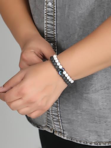 Image of Fashion Frill Stylish Couple Bracelets Black & White Red Natural Stone Onyx Stretchable Wrist Band Heart Magnetic Bracelet For Women Men Boys Girls Love Gifts Friendship Promise Bracelets