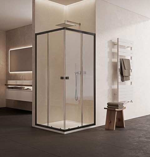 Cabina de ducha de 75 a 90 x 75 a 90 x 190 cm, puertas correderas, cristal templado de seguridad de 4 mm, negro, marco de aluminio, puertas extraíbles, cierre magnético, perfil de pared ajustable