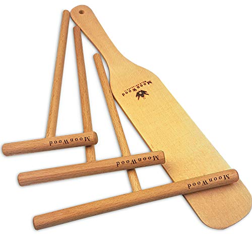 Crepe Spreader and Spatula Kit - 4 Pcs T-Shaped Batter Pancake Tool Set (3.5, 5, 7, 12 Inch Turner) Natural Wood Sticks Fit Any Pan Maker, Mix, Wooden