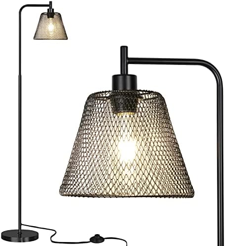 Feohak Industrial Standing Lamp with Hanging Iron Mesh Lamp Shade Whole Metal Farmhouse Floor Lamp with Foot Switch,68 inch Tall Modern Rustic Floor Lamps for Living Room Bedroom, Black