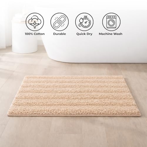Image of Premium Combed Cotton Tufted Bathmat 50 x 80 cm, 1800 GSM Soft Absorbent Anti Skid Bathroom Floor Mat with Latex Backing, Quick Dry Non Slip Bath Rug for Shower & Daily Use, Stripes Beige