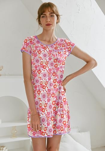Image of Ekouaer Womens Nightgown Sleep Shirt Dress Satin Patchwork Short Sleeve Sleepwear with Pocket