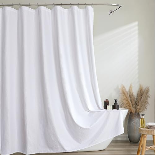 EBESTO White Shower Curtain 72 Inch Length 1 Piece Waffle Embossed Textured Soft Fabric Hotel Shower Curtain for Bathroom Modern Polyester Water Repellent Machine Washable Bath Decor 72Wx72L Inches