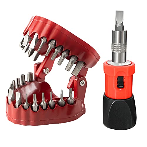 Denture Drill Bit Holder Gag Gift for Dentists 2-in-1 Screwdriver& Desk Gadget with 28PCS 1/4 Hex Bits Stocking Stuffer for Husband Magnetic Gums to Organize Bits Red