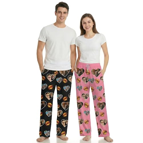 DXDOING Personalisierte Pyjamahose mit 3 Fotos – LOVE Comic-Design Lustige Schlafhose Bedrucken für Damen & Herren, Witziges Valentinstag für Partner