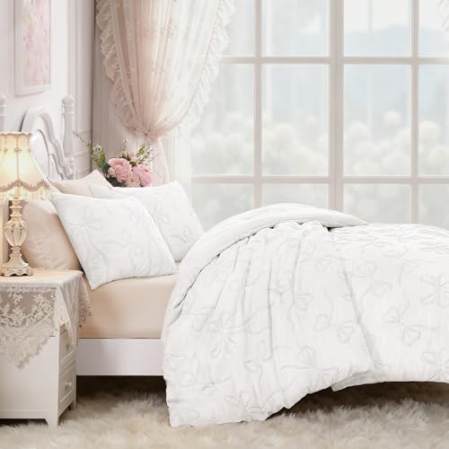 Image of Andency Queen Size Cute Comforter Set, 3 Pieces White Boho Tufted Bedding Set, 3D Puffy Bow Comforters for All Seasons (1 Comforter, 2 Pillow Shams), 90 inchx90 inch, White