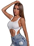SOLY HUX Women's Sexy High Cut Out Bodysuit Shapewear Skinny Top Camisole Corset Bodysuit Pure White M