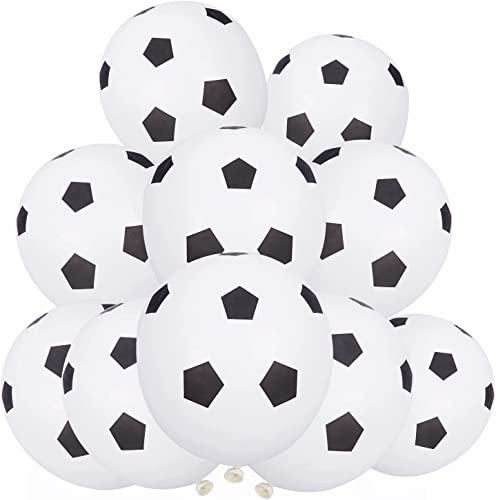 24 globos de látex, globos de fútbol de 12 pulgadas para fiesta de cumpleaños temática deportiva para niños, globos impresos de fútbol en blanco y negro Cover