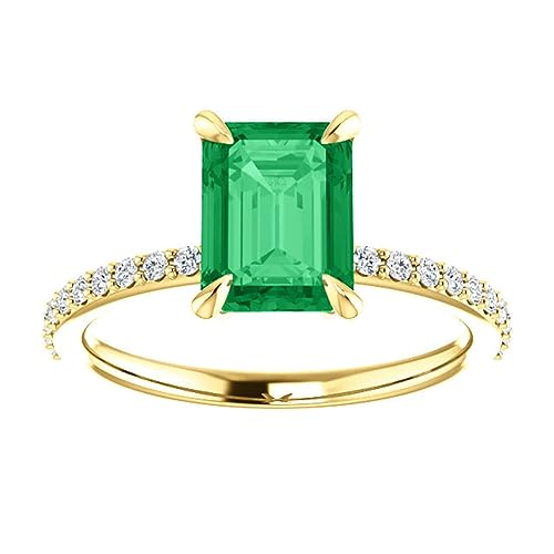 Trendy 1 CT Emerald Cut Emerald Engagement Ring 14k Yellow Gold, Genuine Emerald Diamond Pave Band, Natural Green Emerald Ring, Emerald Edwardian Ring, Wedding Ring