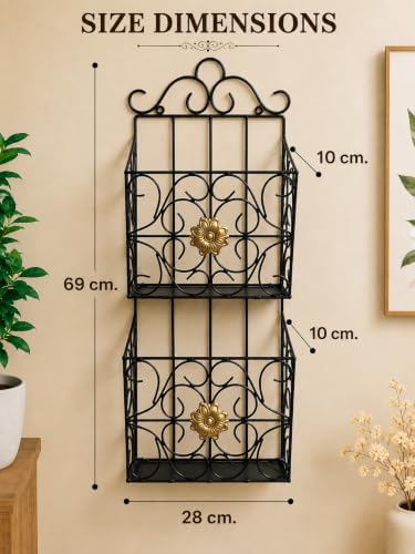 Image of Wall Mounted Hanging File & Magazine Holder - Metal Organizer for Newspapers, Documents & Office Storage | Decorative Rack for Home & Workspace 67x26x10 cm. (Double Magazine Rack BlackG)