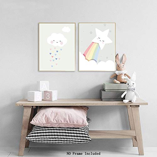 Chditb Cute Baby Kids Room Nursery Funny Wall Art Print, Set Of 3 (8" X10") Toddler Room Cute Art Poster, Cartoon Cloud Sun Star Canvas Watercolor Painting Modern Nordic Home Decor,Unframed #TOP4