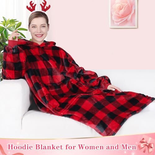 Image of Waitu Wearable Blanket Hoodie Sweatshirt Gifts for Adult and Child, Warm and Cozy Giant Hoodie Blanket for Women and Men, Flannel Blanket with Sleeves - Red and Black Plaid