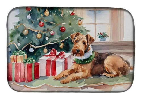 Caroline's Treasures DAC2588DDM Airedale Terrier Cozy Christmas Dish Drying Mat Absorbent Dish Drying Mat Pad for Kitchen Counter Dish Drainer Mat for Countertop, 14 x 21", Multicolor