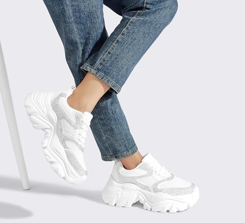 Image of K KIP WOK Chunky Sneakers for Women Fashion Platform White Leather Casual Dad Shoes Comfortable Wedge Walking Sport Sneakers | White Leather Casual Dad Shoes Comfortable Wedge Walking Sport Sneakers