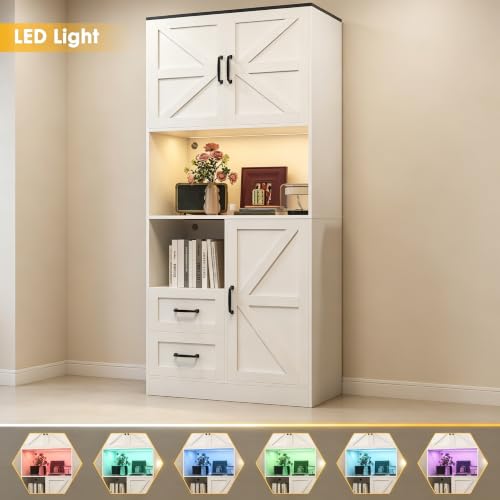 Image of 67.72 inch Tall Kitchen Pantry Cabinet with LED Light & Charging Station, Modern Kitchen Hutch with Microwave Stand, Countertop, Doors & Adjustable Storage Shelves