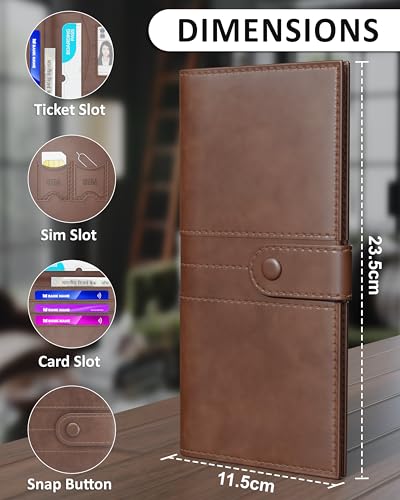 Image of FEDUS D-Brown Leather Premium Long Currency Holder,Unisex Passport Holder,Wallet with Card Holder, ID Card,Ticket, Currency,Boarding Pass Slots RFID Protected Travel Accessories Organiser,Faux Leather