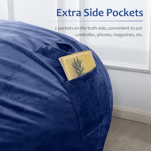 WhatsBedding 7ft Fuf XXL Memory Foam Filled Bean Bag Chair with Removable Cover,Bean Bags for Adults,Soft Dutch Velvet,Thoughtful Pull-tab & Side Pockets,Machine Washable,7 feet Giant,Cobalt - Thumbnail 5