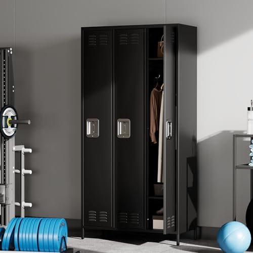 GAOMON 3 Door Lockable Steel Storage Locker Cabinet with Shelves Black by GAOMON - Image 3