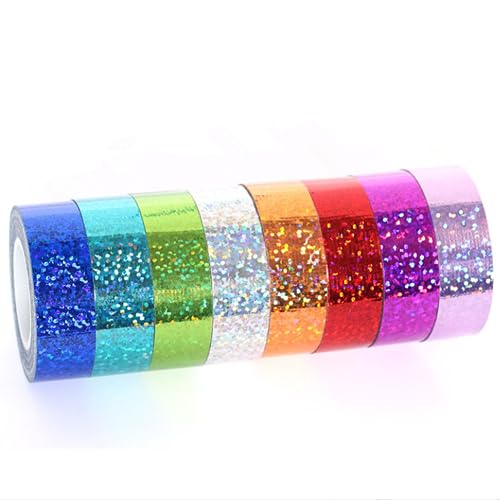 SICCOMA Glitter Prism Tape Strong Adhesive Holographic Sparkle Washi Tape Reflective Glitter Sparkle Tape Sparkle Decorative Tape Sparkle Masking Tape Glitter Crafting Tape (8 Rolls, 0.6in x16.5ft)