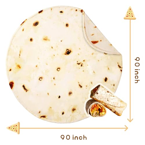 Image of Bnuitland 90 Inches Tortilla Burritos Pattern Blanket with Pouch, 300 GSM Double Sided Giant Flour Novelty Taco Funny Realistic Food Blanket for Bed Sofa, Super Soft Flannel for Adults