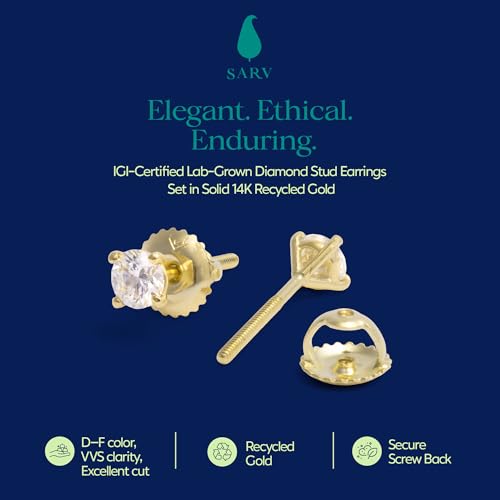 SARV 1/4-1 CTTW Solitaire Lab Grown Diamond Stud Earrings for Women in 14k Gold | 4 Prong, Round Excellent Cut | D-F Color, VS-VVS Clarity | IGI Certified 1 Carat and more | Hypoallergenic |Gift Ready2