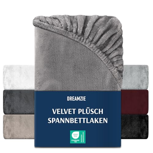 DREAMZIE Premium Frottee Spannbettlaken 90 x 200-100 x 200, Cashmere-Touch Bettlaken Jersey Fleece Spannbetttuch Laken, Grau