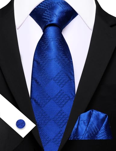 Image of Barry.Wang Plaid Ties Check Mens Necktie Set with Handkerchief Cufflinks Classic Stripe