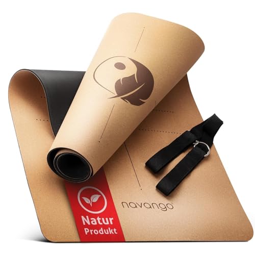 navango Yoga Matte Kork 4mm Naturkautschuk mit Hilfslinien