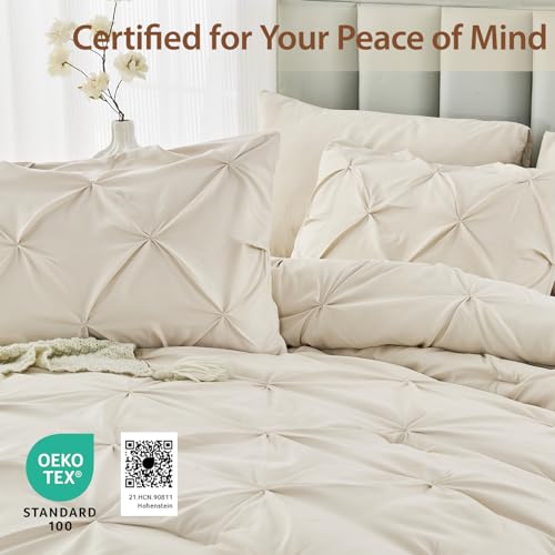 Sasttie Queen Comforter Set, 7-Piece Bed in a Bag, Pintuck Bedding Sets for All Season, Includes Comforter, Flat Sheet, Fitted Sheet, Pillowcases and Pillowshams, Beige - Image 5
