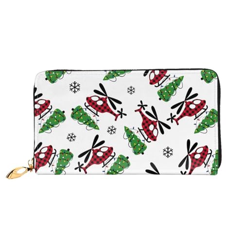 Leather Wallet For Women And Men Plaid Christmas Tree Helicopter Clutch Purse Wristlet Bag Credit Card Holder Wallet