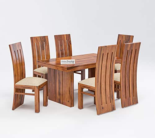 Image of Solid Wooden Dining Set 6 Seater Dining Table with Chairs | Sheesham Wooden Dining Table with 6 Chairs for Home and Hotels | Solid Wood Six Seater Dining Set in Honey Finish