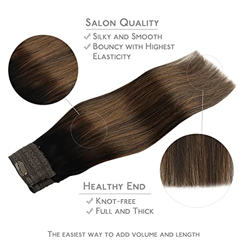 Image of WENNALIFE Wire Hair Extensions Real Human Hair 18 inch 95g Natural Looking Easy to Apply Reusable for Volume and Length Black Chestnut Brown Remy Hair Extensions Invisible Transparent Wire Real